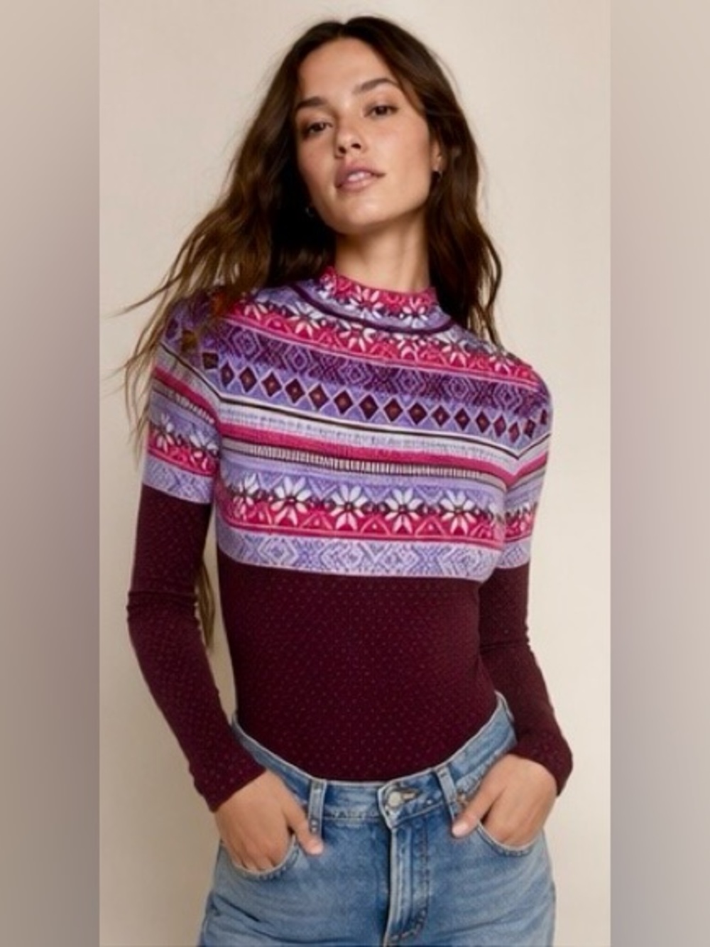 NWT Intimately Free People Fair Isle Knit Bodysuit Sweater Mock Neck Boho XS/S